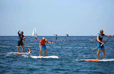 a group of people paddle surfboards