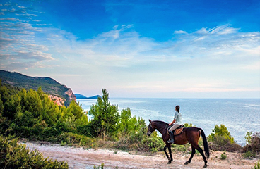 Vrouw rijdt te paard op een pad met uitzicht op de zee