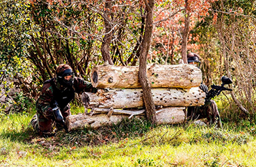 a person in camouflage kneeling next to a tree stump