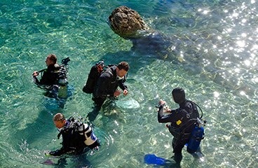 Gruppo di uomini in bassa marea che si preparano per immersioni profonde