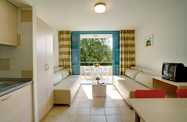 a living room with a tv and dining table